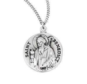 Saint Benedict Bust Round Medal Necklace, Sterling Silver