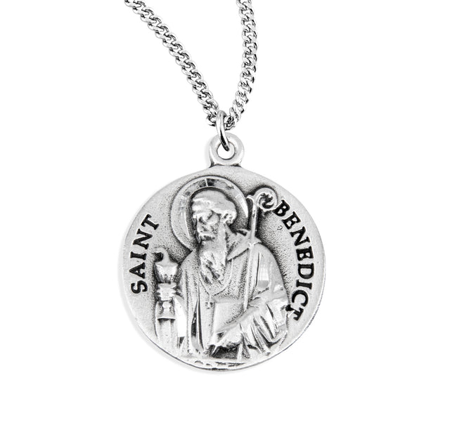 Saint Benedict Bust Round Medal Necklace, Sterling Silver
