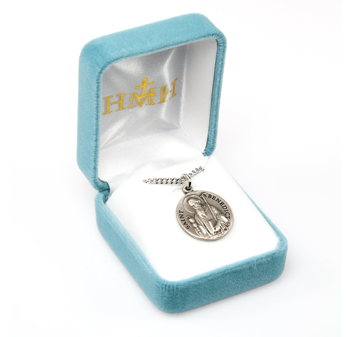 Saint Benedict Bust Round Medal Necklace, Sterling Silver