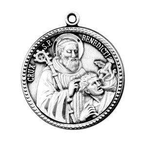 Lightweight Medium Double-Sided Saint Benedict Round Medal Necklace, Sterling Silver