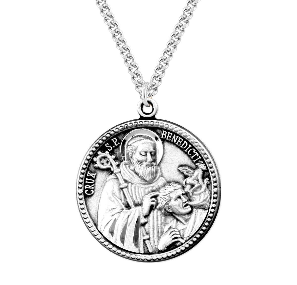 Lightweight Medium Double-Sided Saint Benedict Round Medal Necklace, Sterling Silver
