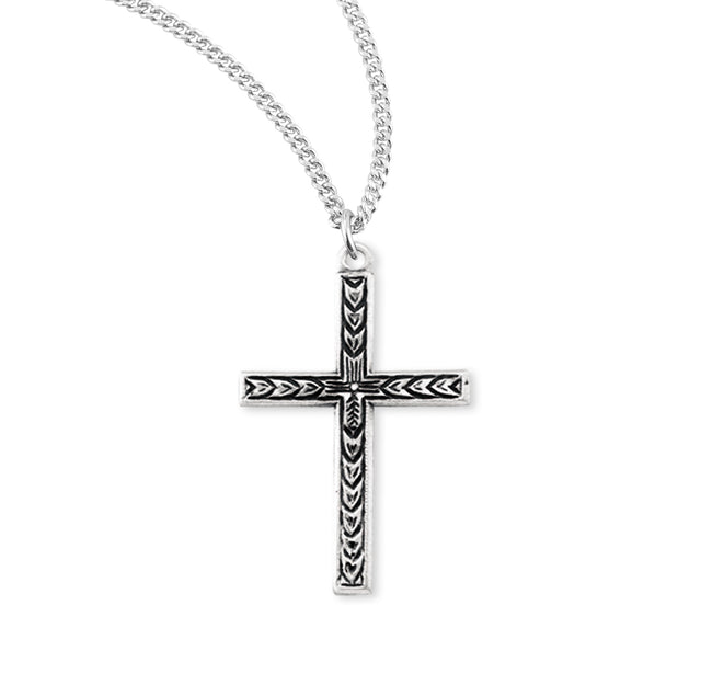 Engraved Leaf Cross Necklace, Sterling Silver