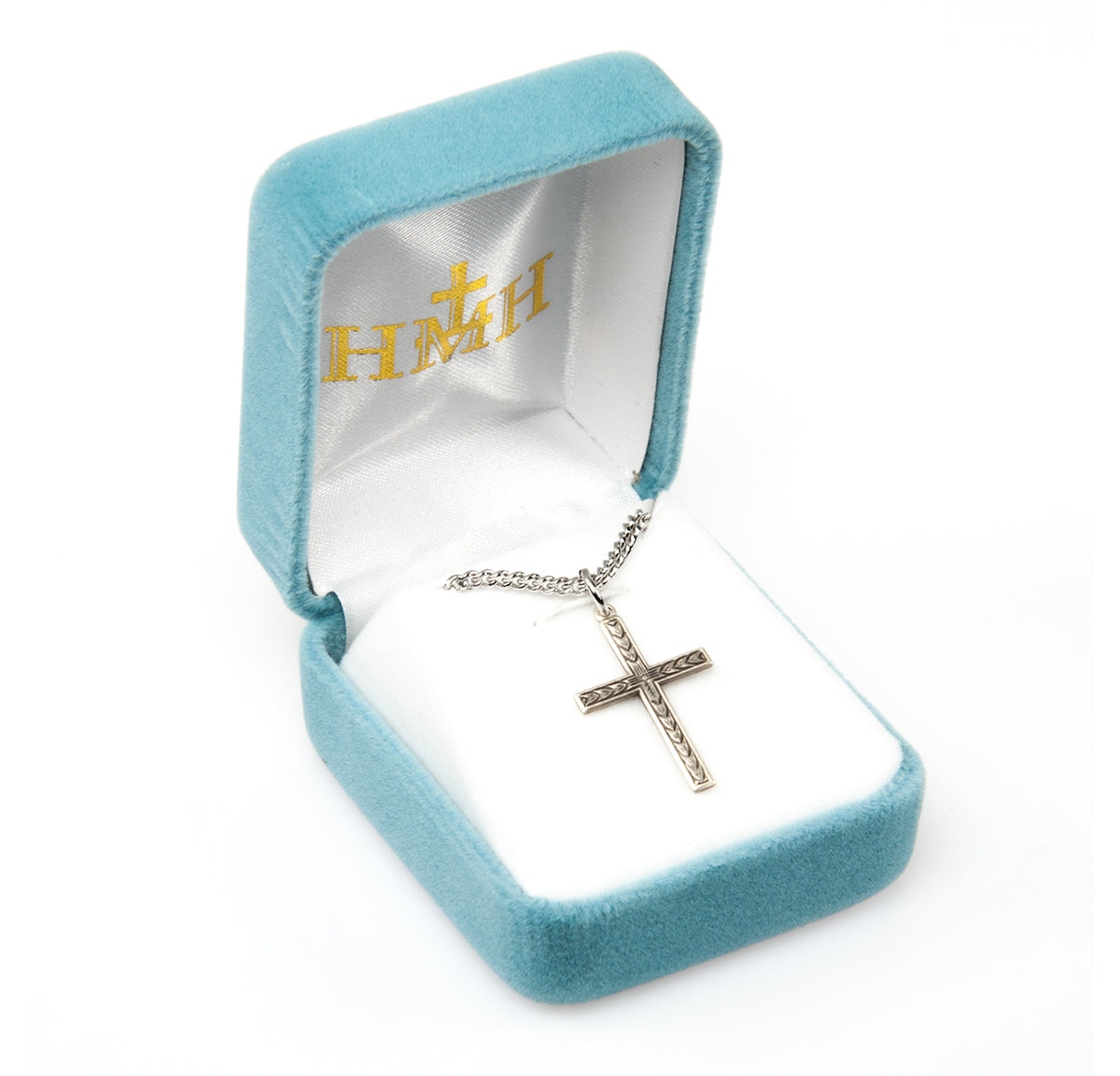 Engraved Leaf Cross Necklace, Sterling Silver