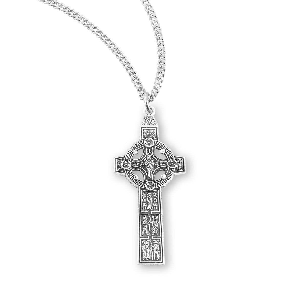 Celtic High Cross Necklace with Figure Panels, Sterling Silver