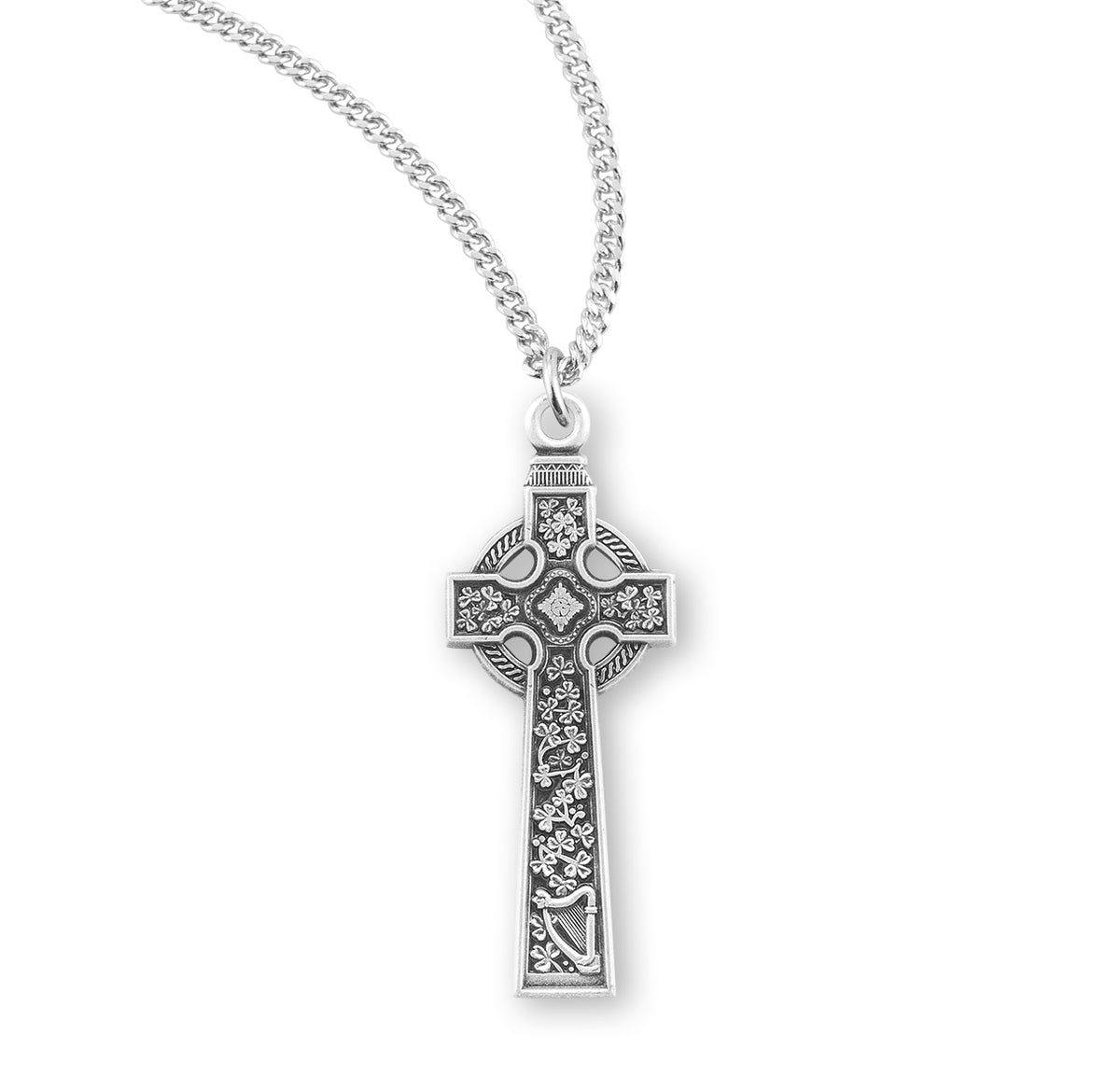 Celtic High Cross Necklace with Floral Panels, Sterling Silver