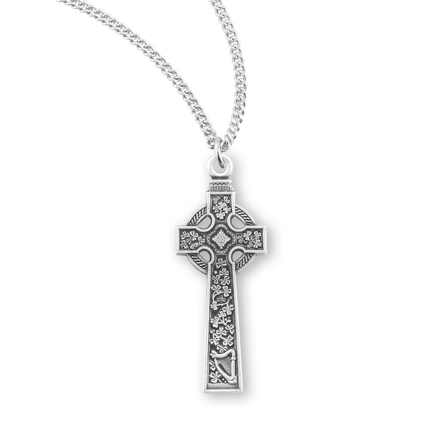 Celtic High Cross Necklace with Floral Panels, Sterling Silver