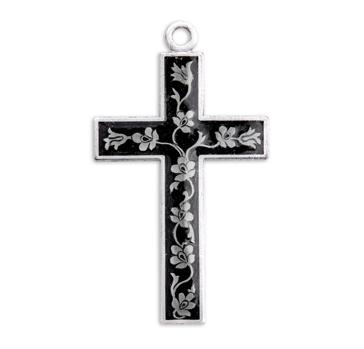 Floral Black Enameled Cross Necklace, Sterling Silver