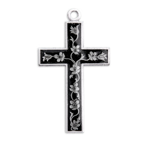 Floral Black Enameled Cross Necklace, Sterling Silver