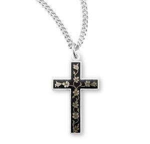 Floral Black Enameled Cross Necklace, Sterling Silver