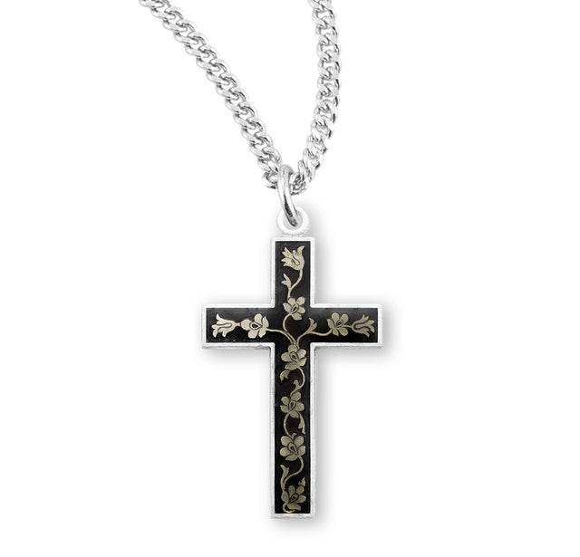 Floral Black Enameled Cross Necklace, Sterling Silver