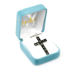 Floral Black Enameled Cross Necklace, Sterling Silver