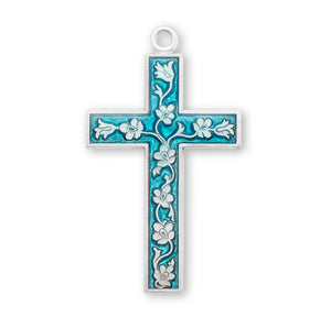 Floral Blue Enameled Cross Necklace, Sterling Silver