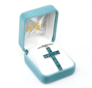 Floral Blue Enameled Cross Necklace, Sterling Silver