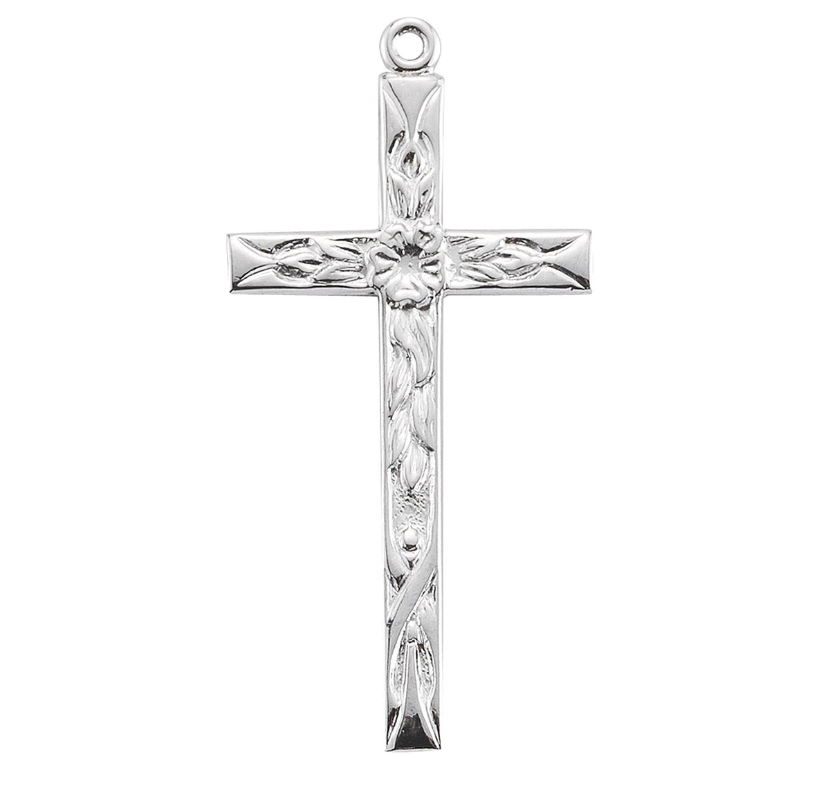 Long Etched Cross Necklace, Sterling Silver