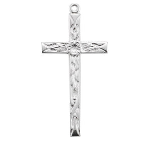 Long Etched Cross Necklace, Sterling Silver