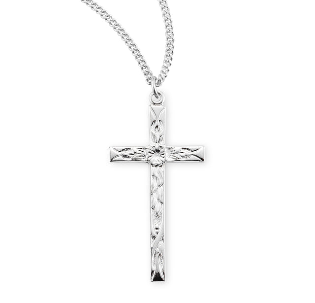 Long Etched Cross Necklace, Sterling Silver