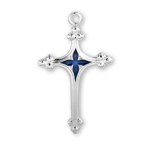 Cross Necklace with Blue Enameled Center, Sterling Silver