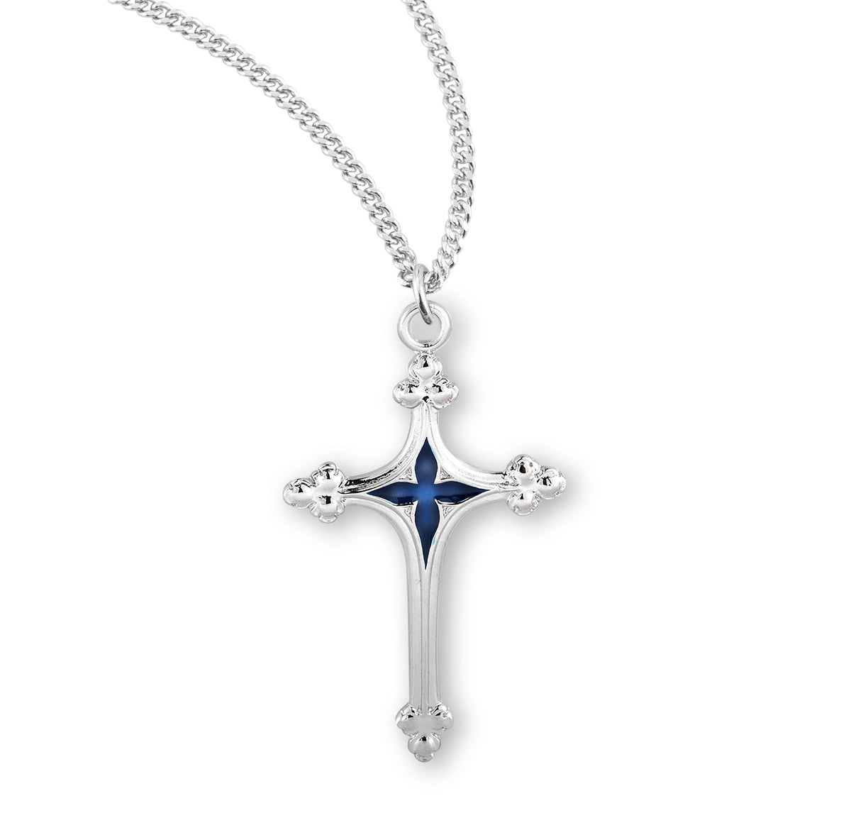 Cross Necklace with Blue Enameled Center, Sterling Silver