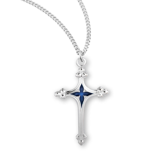 Cross Necklace with Blue Enameled Center, Sterling Silver