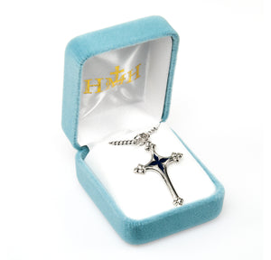 Cross Necklace with Blue Enameled Center, Sterling Silver