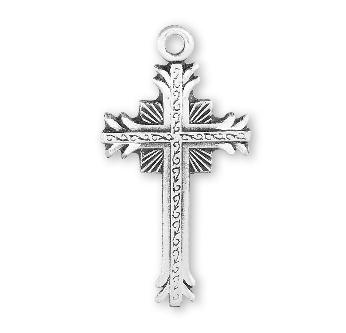 Flare Tip Cross Necklace with Scrolled Center, Sterling Silver