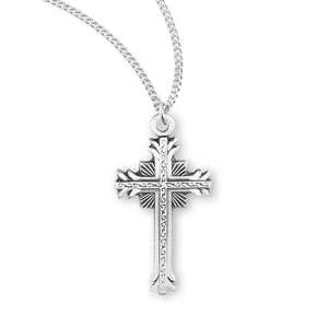 Flare Tip Cross Necklace with Scrolled Center, Sterling Silver
