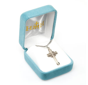 Flare Tip Cross Necklace with Scrolled Center, Sterling Silver