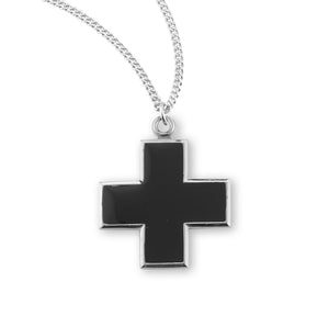 Wide Black Enameled Cross Necklace, Sterling Silver