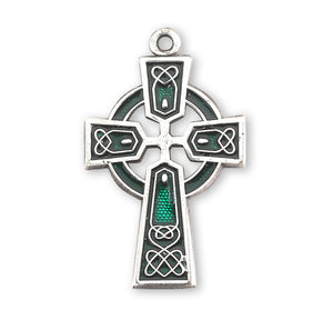 Green Enameled Irish Celtic Cross Necklace, Sterling Silver