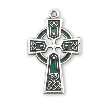 Green Enameled Irish Celtic Cross Necklace, Sterling Silver