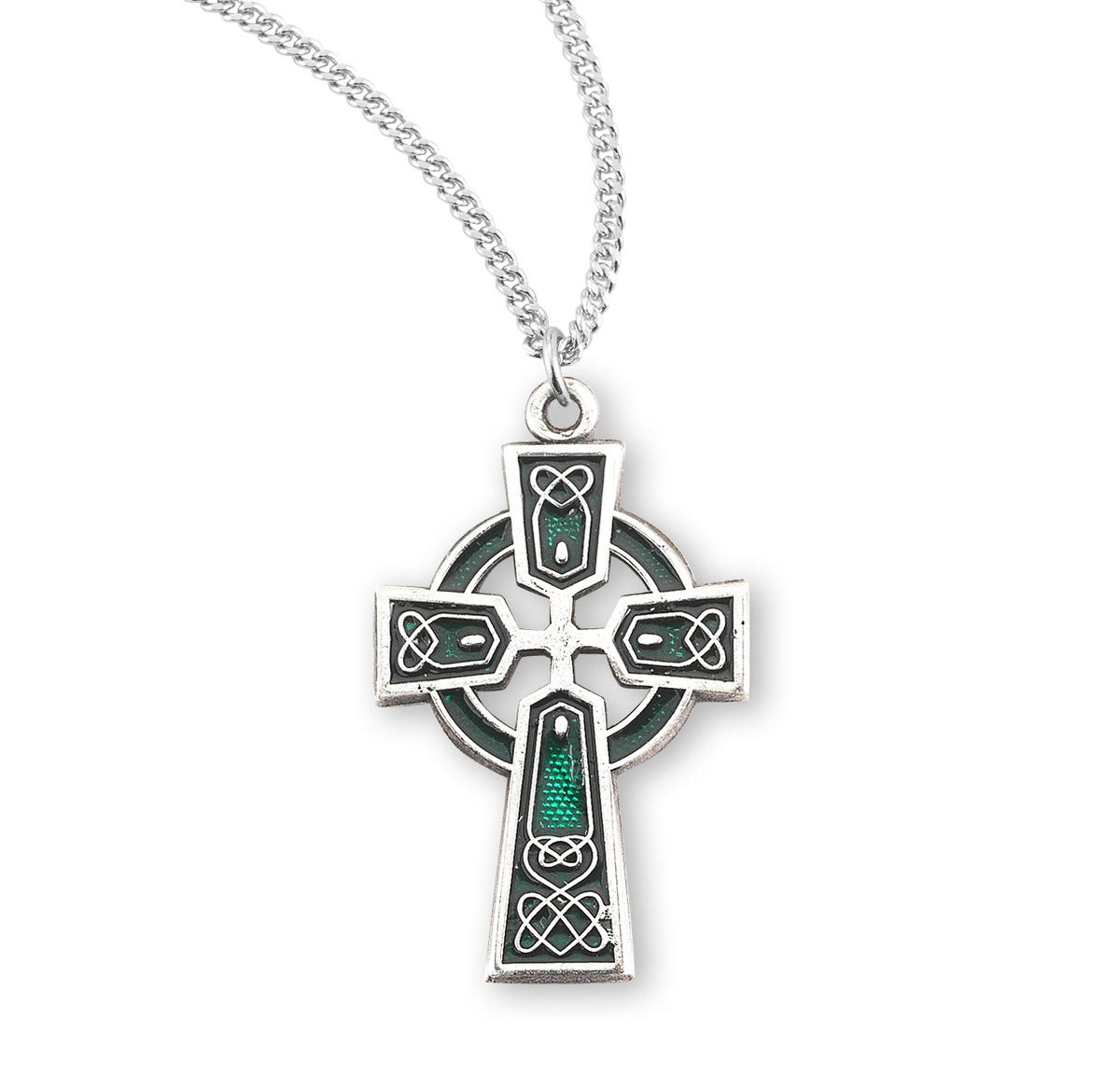 Green Enameled Irish Celtic Cross Necklace, Sterling Silver