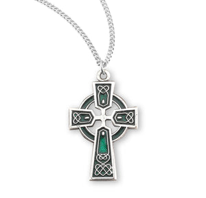 Green Enameled Irish Celtic Cross Necklace, Sterling Silver