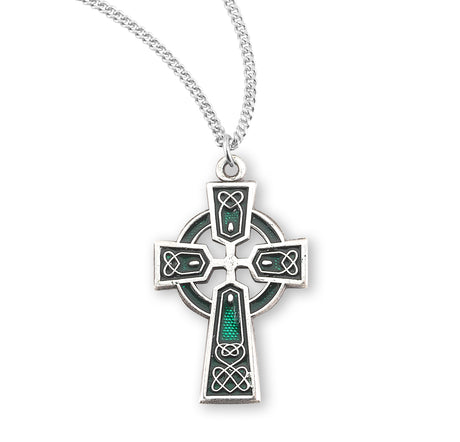 Green Enameled Irish Celtic Cross Necklace, Sterling Silver