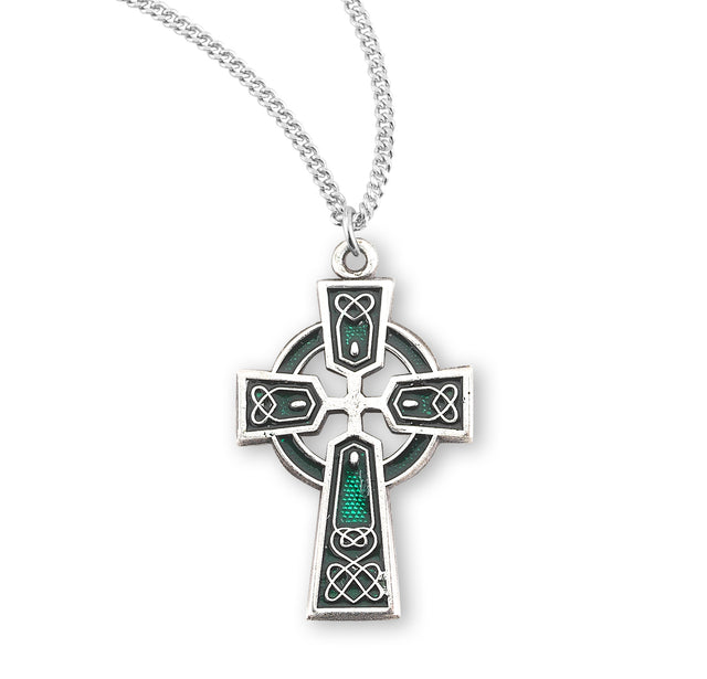 Green Enameled Irish Celtic Cross Necklace, Sterling Silver
