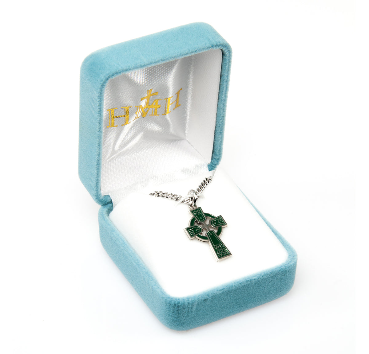 Green Enameled Irish Celtic Cross Necklace, Sterling Silver