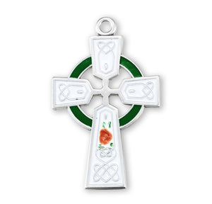 White Enameled Irish Celtic Cross Necklace, Sterling Silver