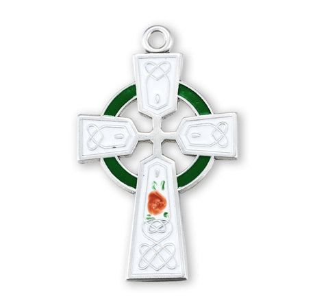 White Enameled Irish Celtic Cross Necklace, Sterling Silver
