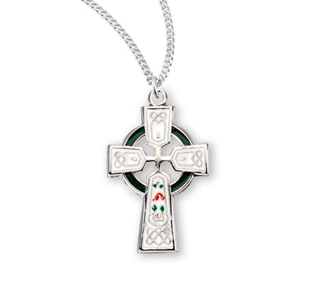 White Enameled Irish Celtic Cross Necklace, Sterling Silver