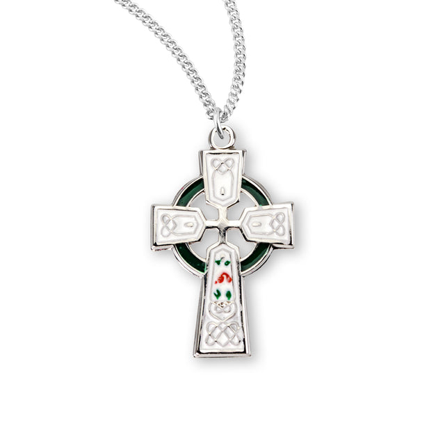 White Enameled Irish Celtic Cross Necklace, Sterling Silver