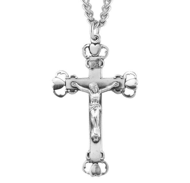 Heart Tipped Crucifix Necklace, Sterling Silver