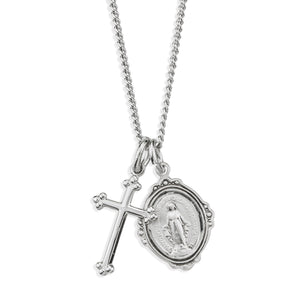 Budded Miraculous Medal and Small Cross Necklace, Sterling Silver