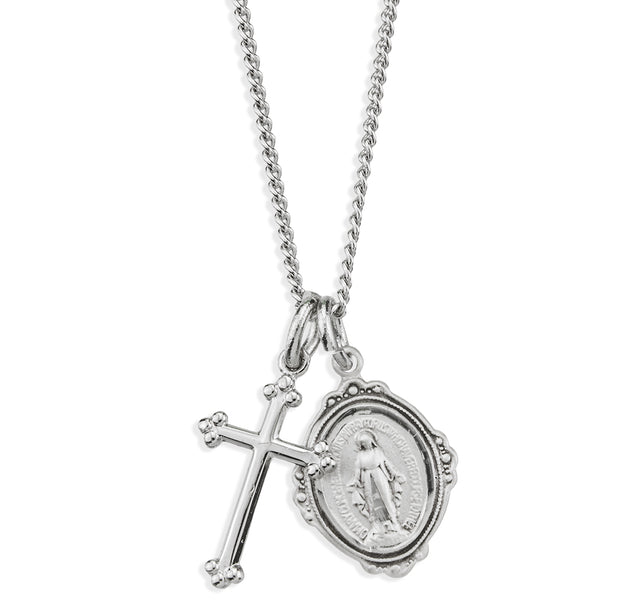 Budded Miraculous Medal and Small Cross Necklace, Sterling Silver