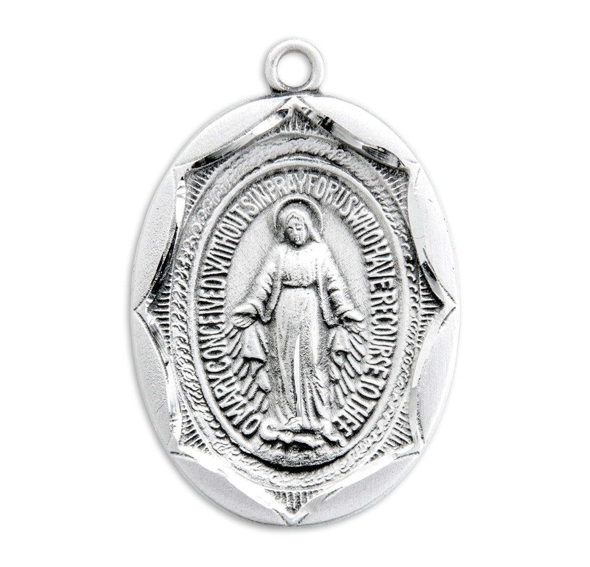 Large Double-Sided Oval Miraculous Medal Necklace, Sterling Silver
