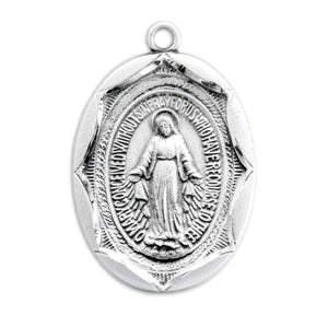 Large Double-Sided Oval Miraculous Medal Necklace, Sterling Silver