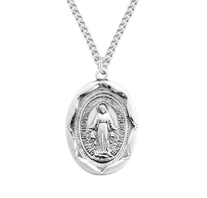 Large Double-Sided Oval Miraculous Medal Necklace, Sterling Silver
