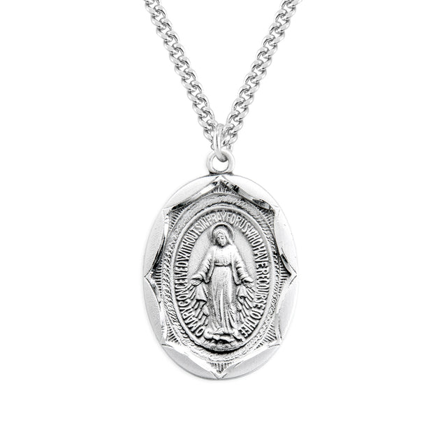 Large Double-Sided Oval Miraculous Medal Necklace, Sterling Silver
