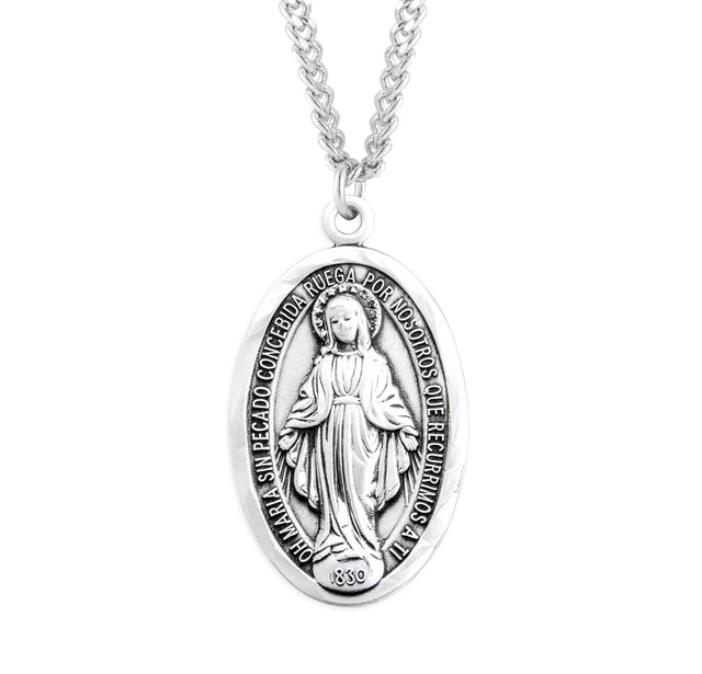 Spanish Oval Miraculous Medal Necklace, Sterling Silver