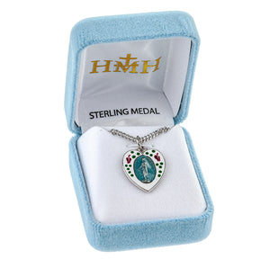 Blue Flower Enameled Heart Miraculous Medal Necklace, Sterling Silver