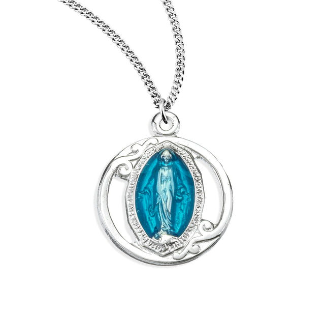Fancy Blue Enameled Miraculous Medal Necklace, Sterling Silver