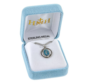 Fancy Blue Enameled Miraculous Medal Necklace, Sterling Silver